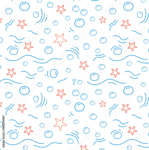 Light abstract underwater pattern with waves, bubbles and starfish. Seamless background in the form of doodle lines. Vector wallpaper for fabric, wrapping paper, design.