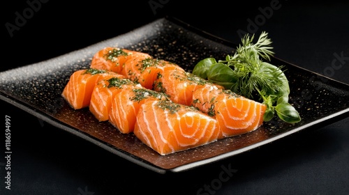 Salmon Sashimi: A tantalizingly fresh and vibrant salmon sashimi, artfully arranged on a black square plate, adorned with fragrant dill. Each slice is delicately cut. photo