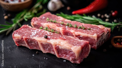 Juicy raw pork ribs with fresh herbs and spices on a dark background ready for grilling or cooking culinary concept. photo