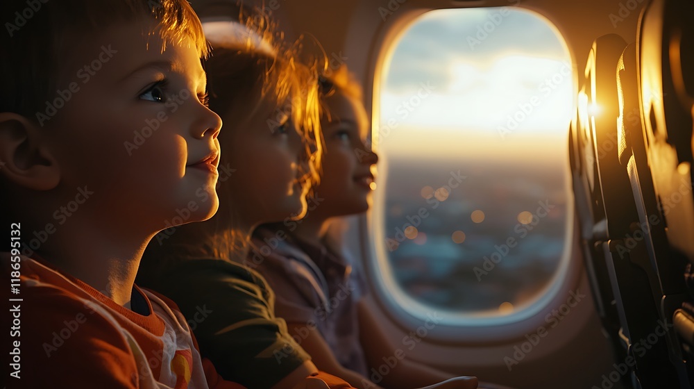 Three children looking out airplane window at sunset. Three children looking out airplane window at sunset.