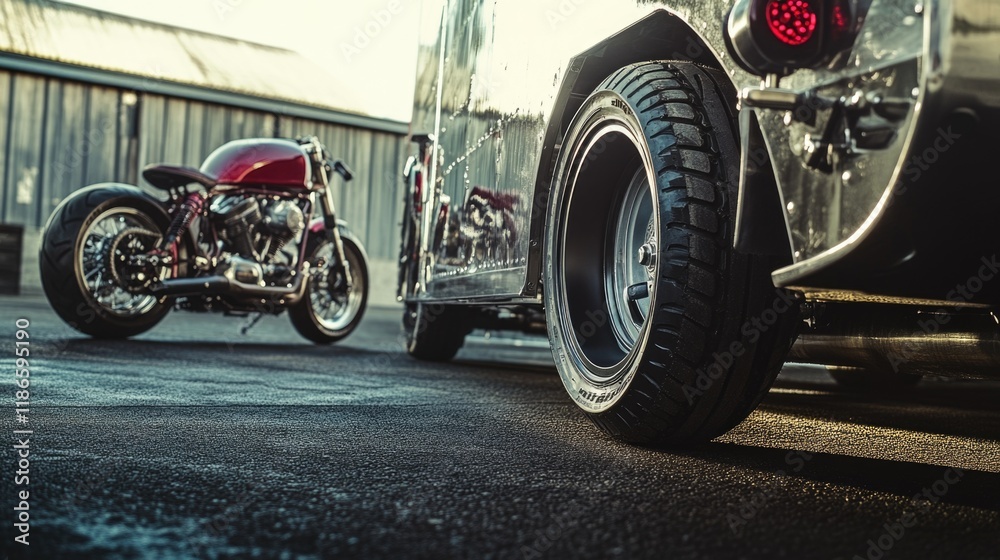 Two motorcycles side by side, parked on a surface Two motorcycles side by side, parked on a surface