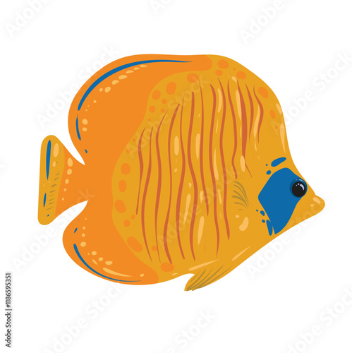 Yellow tropical fish lives in exotic coral reef. Swims in ocean, sea or aquarium. Vector square illustration on transparent background.