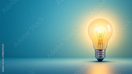 Glowing light bulb on plain blue background symbolizing ideas