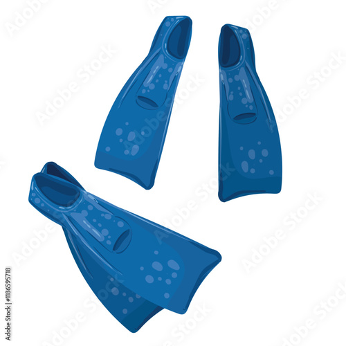 Blue flippers. Flipper for swimming underwater. Vector flat icon or illustration of deep diving equipment. Summer season and sea water park or beach. Hobby on holidays and vacations.