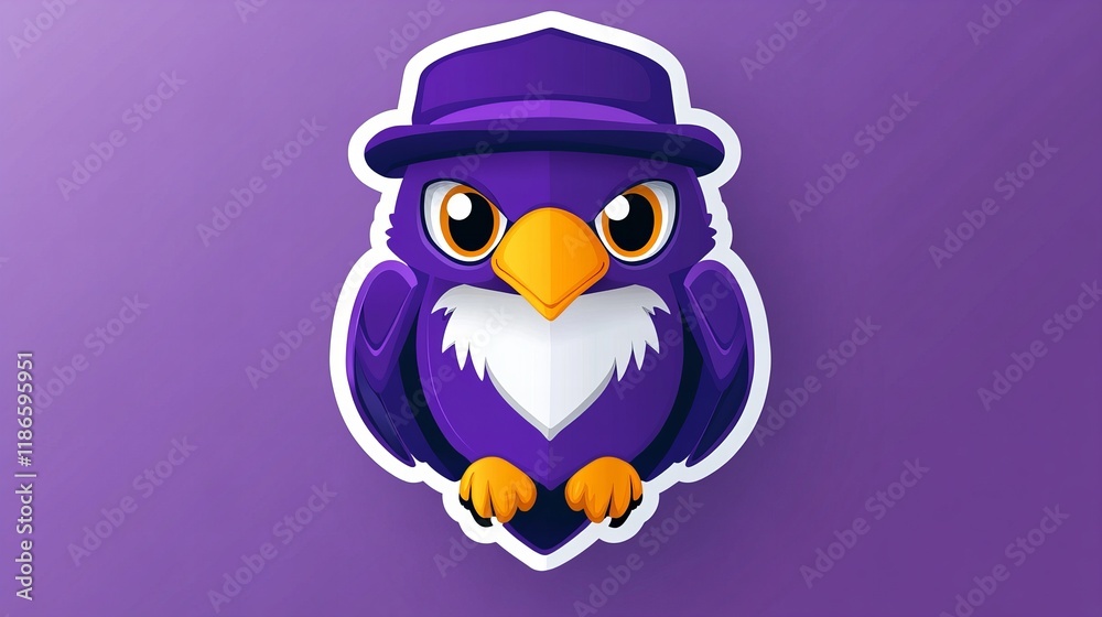 Fototapeta premium A purple cartoon bird in a hat. Cute illustration with a playful vibe.