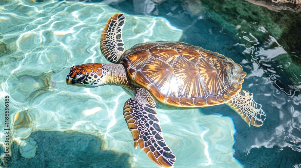 Obraz premium Graceful sea turtle gliding through vibrant turquoise waters in a serene ocean environment