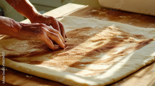 Baker spreading cinnamon-sugar mixture on rolled dough, preparing traditional cinnabon rolls with precise culinary technique