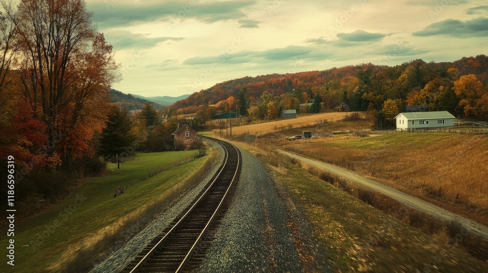 Scenic train journey through autumn landscapes in rural countryside showcasing vibrant foliage and winding tracks. Scenic train journey through autumn landscapes in rural countryside showcasing vibrant foliage and winding tracks.