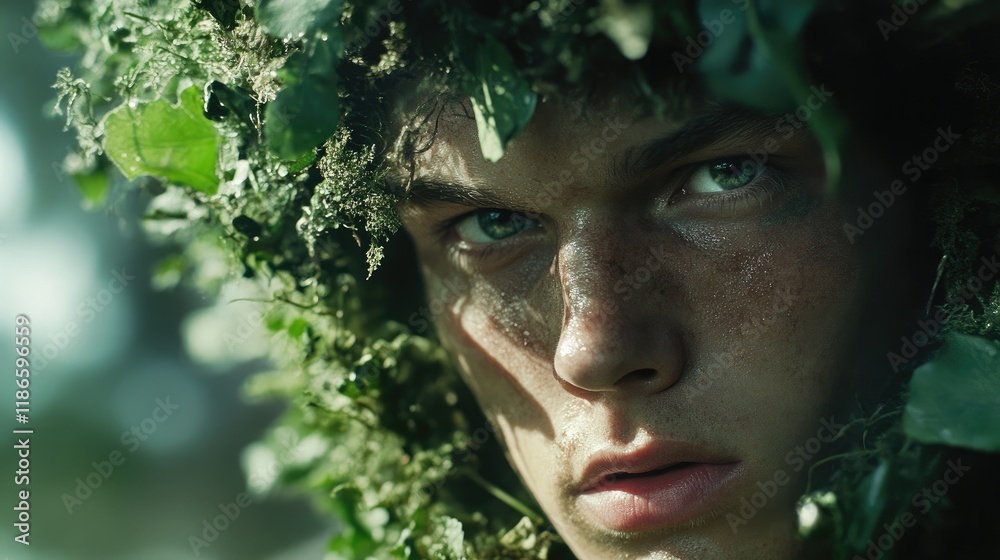 Intense gaze of a young man adorned with natural foliage showcasing a wild and adventurous spirit in a lush environment. Intense gaze of a young man adorned with natural foliage showcasing a wild and adventurous spirit in a lush environment.