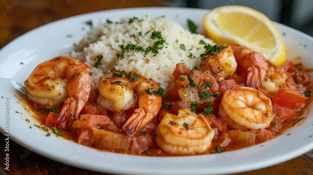 Seafood Delight Plate Featuring Succulent Shrimp Tomatoes Parsley and Lemon Accompanied by Fragrant Rice Seafood Delight Plate Featuring Succulent Shrimp Tomatoes Parsley and Lemon Accompanied by Fragrant Rice