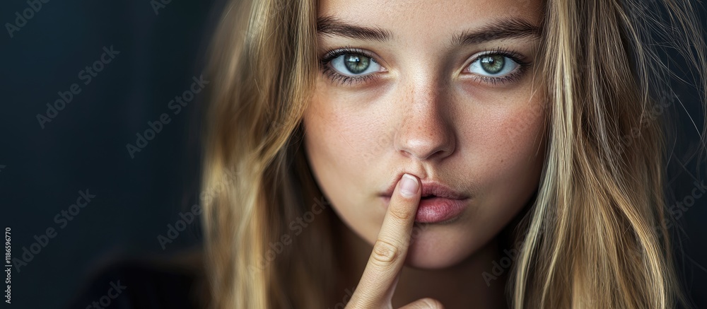 Young woman with long hair and expressive blue eyes shushing with finger on lips in a dramatic close-up portrait Young woman with long hair and expressive blue eyes shushing with finger on lips in a dramatic close-up portrait