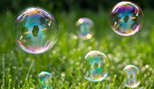 Rainbow soap bubbles floating over green grass.