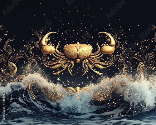 Cancer Lunar Glow. The 4th zodiac sign. A golden Cancer zodiac emblem highlighted by celestial swirls and a calming ocean backdrop. photo