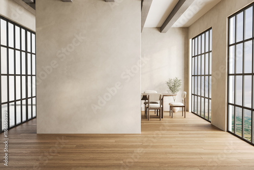Minimalist empty room with wooden flooring, large grid windows, neutral walls, and exposed ceiling beams, filled with natural light. 3D rendering.