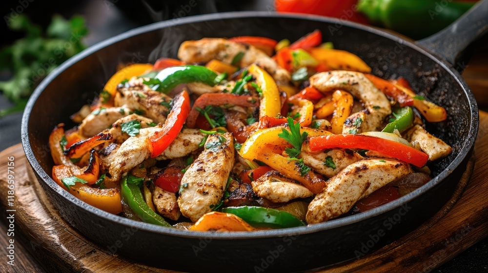 Sizzling chicken fajitas with colorful bell peppers and onions in a hot skillet showcasing vibrant culinary presentation and appetizing appeal Sizzling chicken fajitas with colorful bell peppers and onions in a hot skillet showcasing vibrant culinary presentation and appetizing appeal