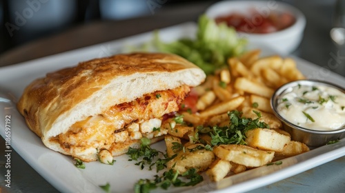 Seafood Chalupa with Crispy Fish Sandwich and Golden French Fries on a White Plate photo