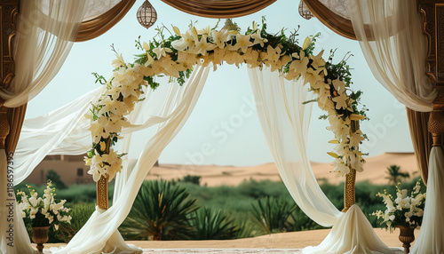 Arabic wedding arch with white lilies in desert setting with copy space
