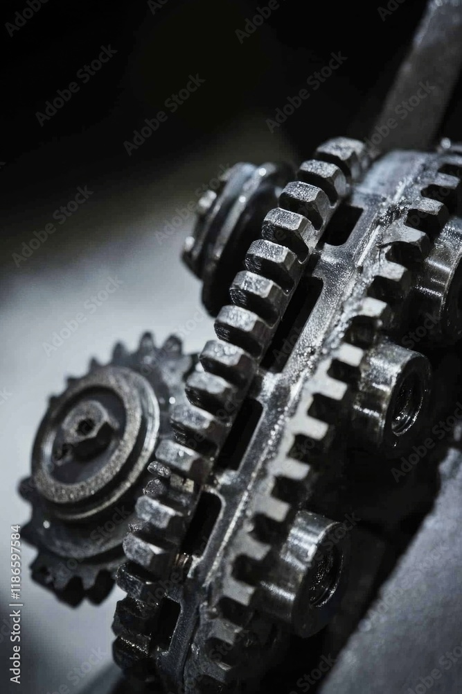 Close-up view of two interlocking gears on a metal surface Close-up view of two interlocking gears on a metal surface