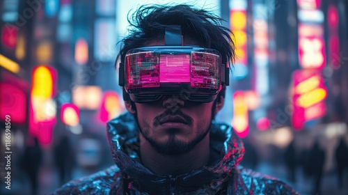 Man in Cyberpunk City with VR Headset: Exploring the Neon-Lit Streets of the Future