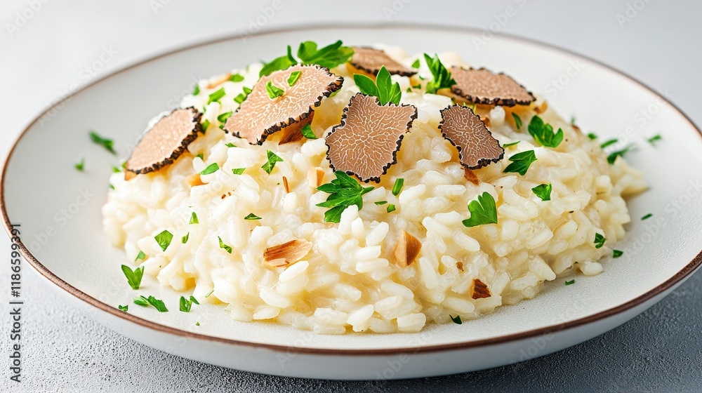 Creamy Risotto Dish Topped with Sliced Truffles and Fresh Parsley Garnish for Gourmet Presentation Creamy Risotto Dish Topped with Sliced Truffles and Fresh Parsley Garnish for Gourmet Presentation