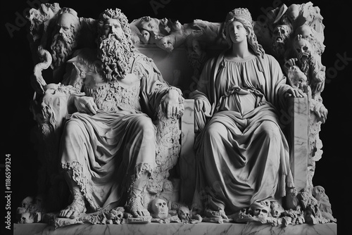Stone statue: the powerful and merciless god of the underworld of the dead Hades and his wife the beautiful goddess of fertility Persephone sit on thrones. Ancient Roman and Greek mythology.