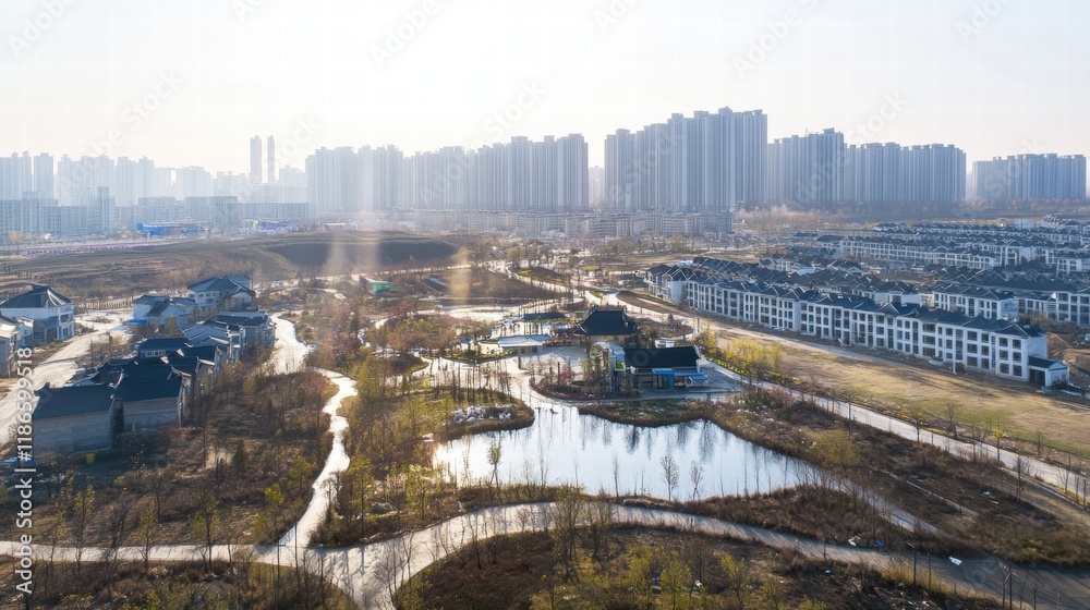 Obraz premium Urban Oasis: A serene lake nestled amidst a sprawling urban landscape, offering a tranquil escape from the city's bustle. The photograph captures the juxtaposition of nature and concrete.