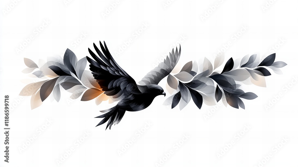 Fototapeta premium Elegant black bird in flight, surrounded by grayscale leaves. A serene and artistic image.
