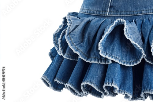 A person wearing a denim skirt with ruffles on a white background photo