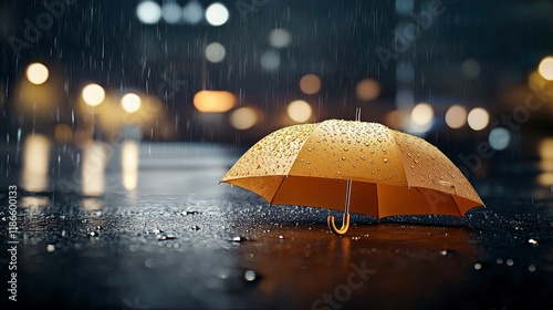 Bright orange umbrella standing alone on wet pavement during a rainy evening with blurred city lights in background