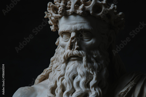 Marble statue: the terrible and merciless god of the underworld of the dead Hades in a crown of human bones.. Ancient Roman and Greek mythology.