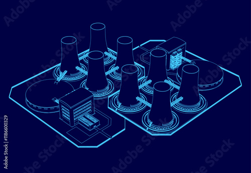 Blue drawing of a city with a large number of power plants. The drawing is in blue and is very detailed