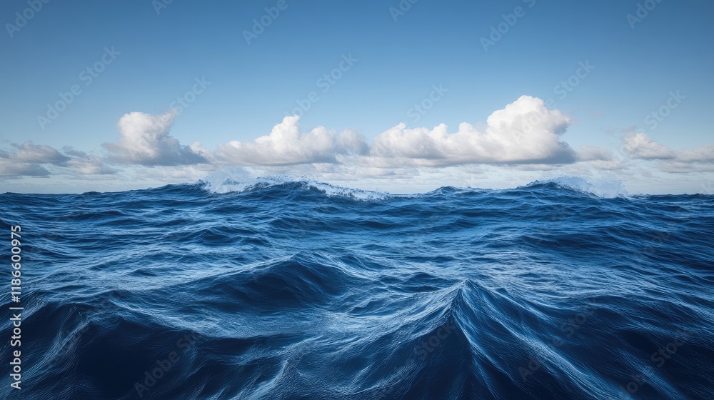 Ocean waves under a clear blue sky with fluffy clouds creating a serene nature backdrop for travel and holiday-themed designs. Ocean waves under a clear blue sky with fluffy clouds creating a serene nature backdrop for travel and holiday-themed designs.