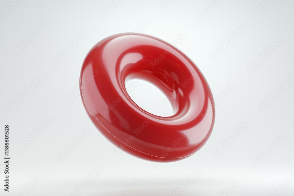 A glossy, red torus shape floats against a white background. Simple, modern design. A glossy, red torus shape floats against a white background. Simple, modern design.