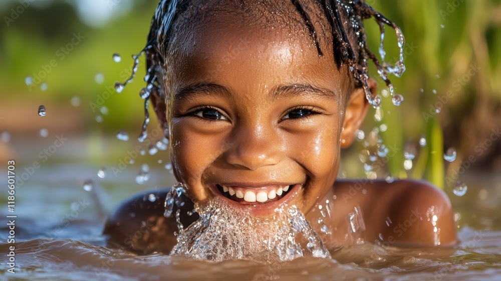 Joyful Child Playing in Water Splashing in Bright Sunshine Outdoors Joyful Child Playing in Water Splashing in Bright Sunshine Outdoors