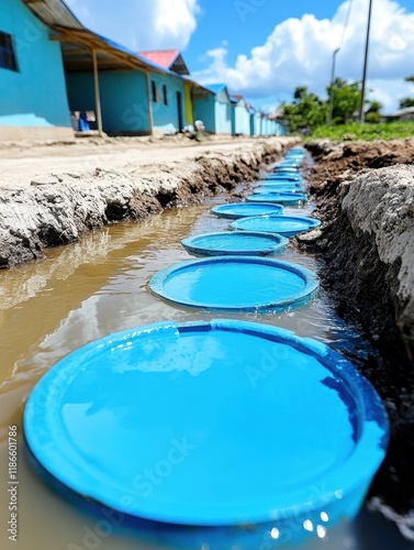 Blue Buckets Aligned Along Water Channel at Construction Site photo