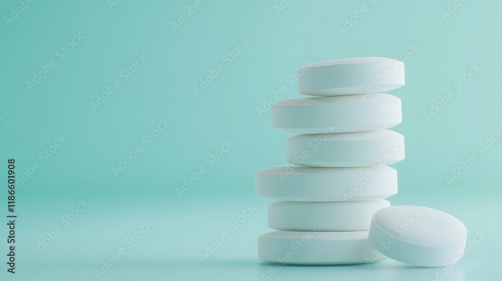 Stack of white round medication tablets on a mint green background showcasing simplicity and health concepts in pharmaceutical imagery Stack of white round medication tablets on a mint green background showcasing simplicity and health concepts in pharmaceutical imagery