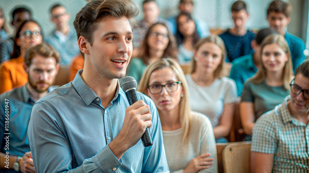 Obraz premium Lecture hall. Confident young man speaking in lecture hall, engaging audience during educational presentation, copy space 