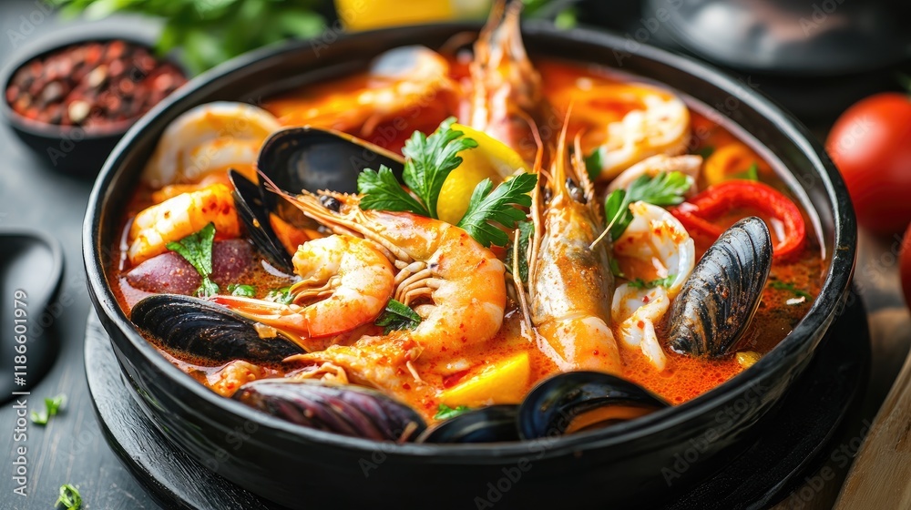 Seafood Hot Pot with Fresh Vegetables and Spices for Korean Cooking at Home Enjoying a Flavorful Meal Together Seafood Hot Pot with Fresh Vegetables and Spices for Korean Cooking at Home Enjoying a Flavorful Meal Together
