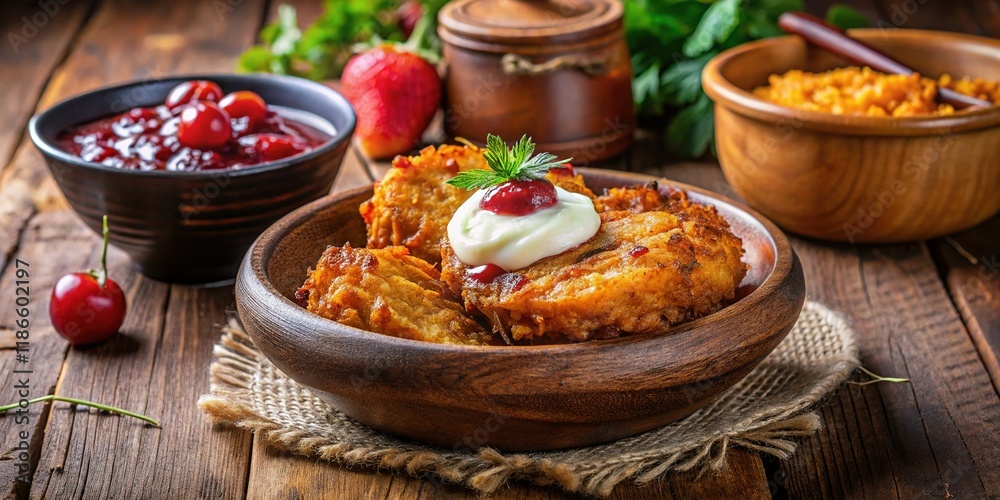 Rustic Brown Bowl of Golden Latkes with Sour Cream and Strawberry Jam Rustic Brown Bowl of Golden Latkes with Sour Cream and Strawberry Jam
