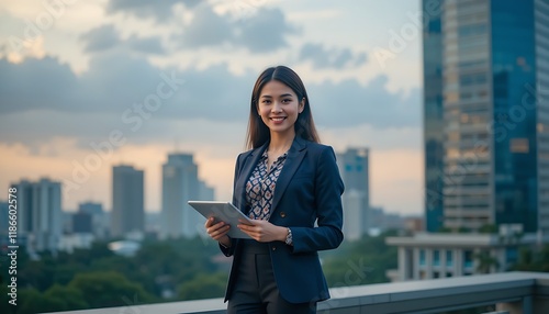 High-Detailed 8K Portrait of a Confident Young Sri Lankan Businesswoman Outdoors with Skyline Generative AI