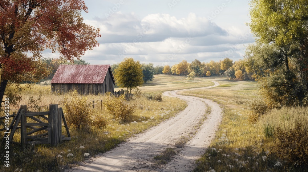 Scenic Rural Landscape with Winding Dirt Road and Quaint Barn Surrounded by Autumn Foliage and Lush Greenery Scenic Rural Landscape with Winding Dirt Road and Quaint Barn Surrounded by Autumn Foliage and Lush Greenery