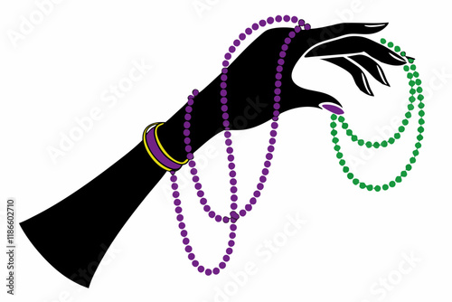 Mardi Gras Hand with Beads vector Silhouette on a white background
