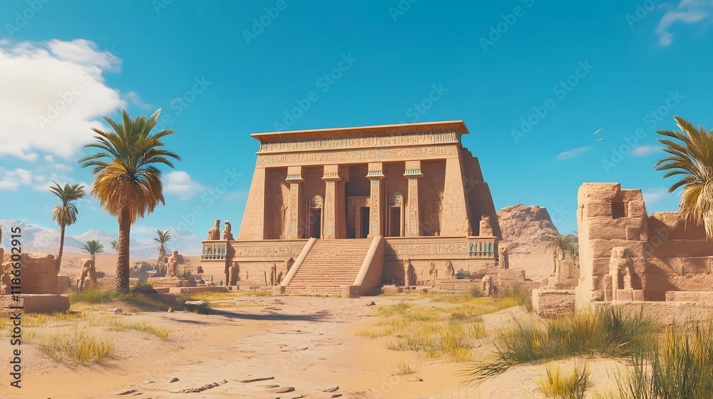 Obraz premium Ancient temple structure surrounded by desert landscape and palm trees under a clear blue sky.