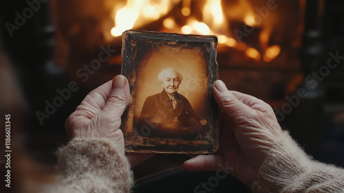 An old photograph of a man is held by elderly hands, with a fire burning in the background, evoking a sense of nostalgia