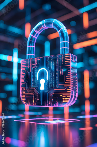 Holographic lock floating in the air, glowing with digital data streams, representing data security and privacy in a high-tech environment with vibrant neon colors photo