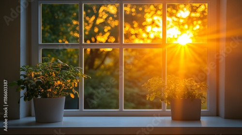 Modern white window frame bathes in golden sunlight, featuring transparent glass panes with green trees visible outside. Dramatic sun rays create lens flare and soft shadows peaceful morning