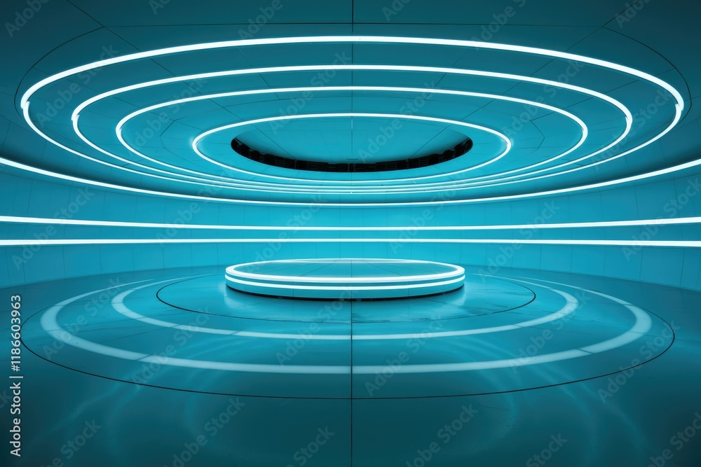 Fototapeta premium Futuristic circular room with a glowing platform, cyan blue, sleek design, modern architecture.