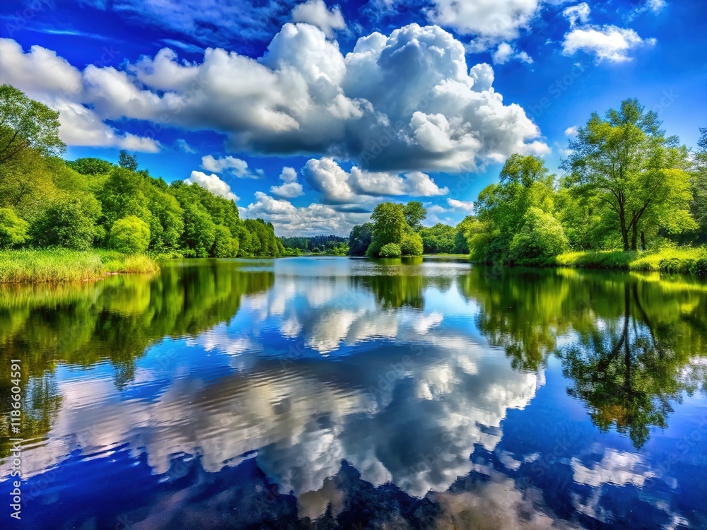 Obraz premium Serene Lakeside Vista: Crystal Clear Water, Lush Green Trees, Blue Sky with Clouds