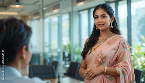 Portrait of Indian Tamil Businesswoman in Modern Saree Leading Conference in Vibrant Office generative ai