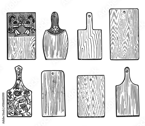 Set of hand drawn vintage wooden kitchen cutting boards. Engraved style black and white vector illustration.